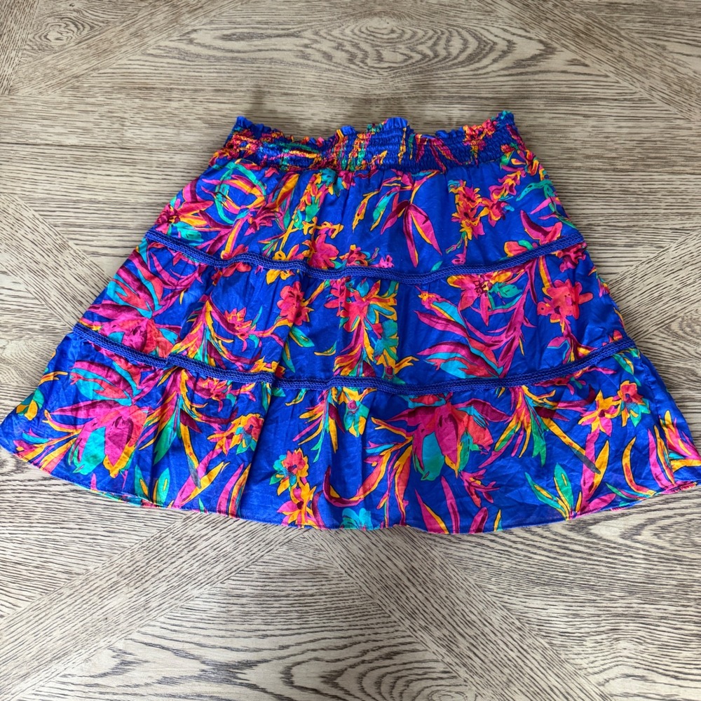 J Crew Tropical Floral Smocked Tiered Mini Skirt Royal Blue Crochet Trim Boho M